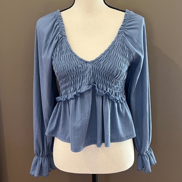 Altar'd State Tops - Altar'd State Denim Blue Blouse, Boho, Ruffle Sleeve, Ruched Bust, Size Large